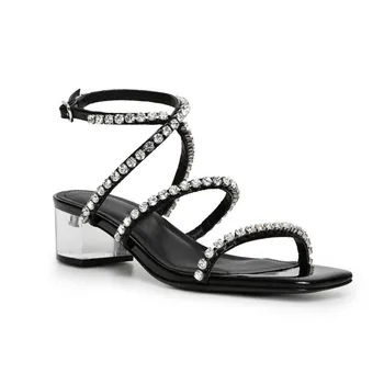 

kmeioo summer dress shoes woman jewel sandals ankle strap chunky heels crystal party med heels block heel prom shoes