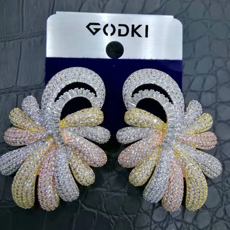 Tricolor GODKI, 40 мм, знаменитые роскошные популярные серьги-гвоздики, полный Ealobe, для женщин, аксессуары, полный кубический циркон, серьги, pendientes mujer moda - Окраска металла: Tricolor