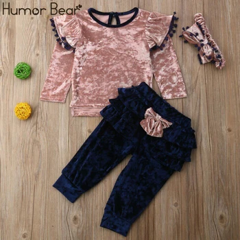 

Humor Bear Children Girls Clothing Sets Velet Long Sleeve Shirt+Bow Pants+Headband 3pcs Kids Clothes Outfits Baby Kids Clothing