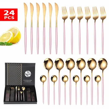 

Western Cutlery Set 24 Piece Gold and Pink Cutlery Set with Box Stainless Steel Dinnerware Fork Spoons Knives Dinner Set Golden