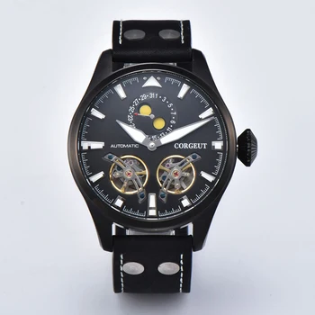 

Corgeut 46MM Mens Hollow Tourbillon black dial sapphire leather steel black case Automatic moon phase calendar mechanical watch