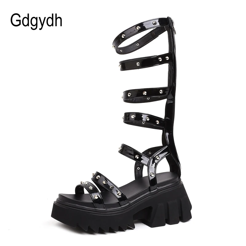 

Gdgydh Street Style Roman Knee High Gladiator Sandals Women Rivet Platform Chunky Heels Punk Rock Gothic Shoes Zipper Comfort