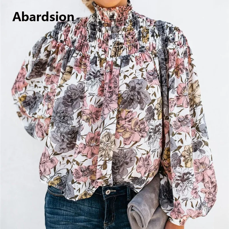 

Abardsion 2019 Elegant Chiffon Blouse Woman Floral Print Blusa Tops Autumn Casual Loose Long Sleeve Turtleneck Blouses Shirt