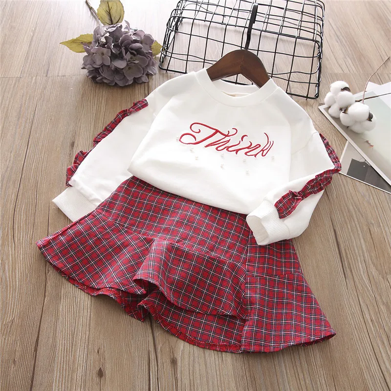 

2019 Spring and Autumn Girls' Suit White Pearl Letter Jacket+Plaid Fishtail Skirt Two-Piece Set