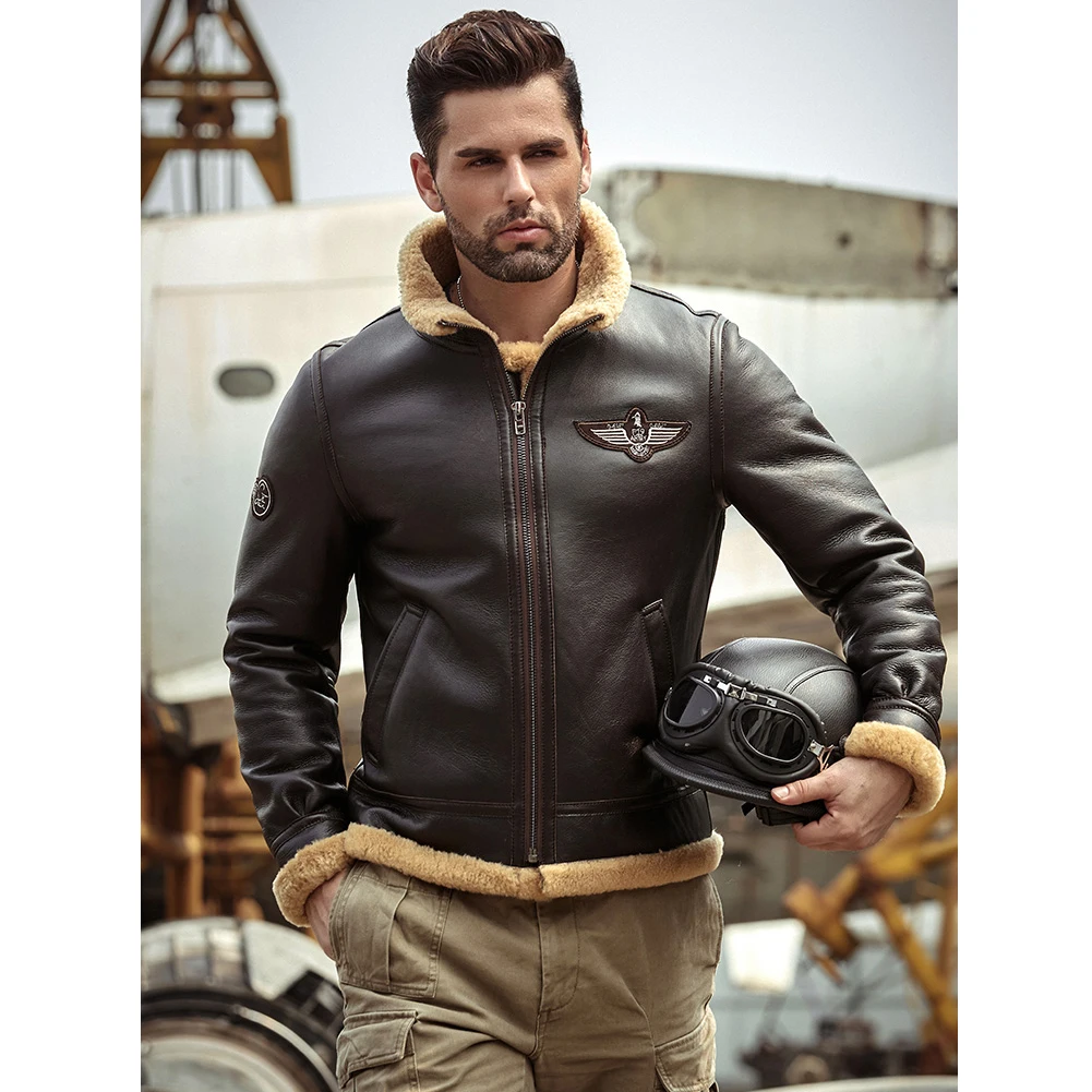 Mens Brown B3 Shearling Jacket Thicken Sheepskin Coat 2019