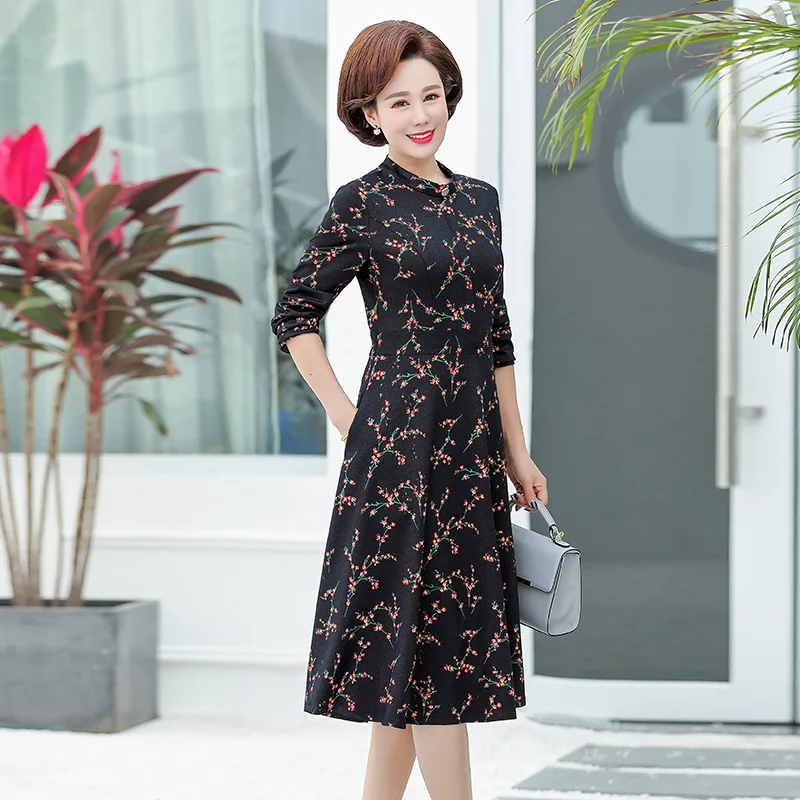 

Mom Dress Long Sleeve Spring Clothing 2019 New Style Middle-aged WOMEN'S Dress Mid-length 40-50-Year-Old Nobility Western Style