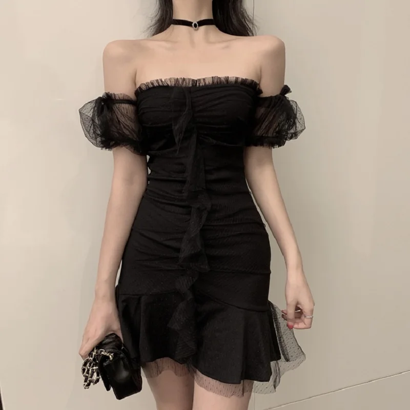 Ins Harajuku Slash neck mesh female summer new ulzzang fashion retro high waist strapless A-line solid casual female dress