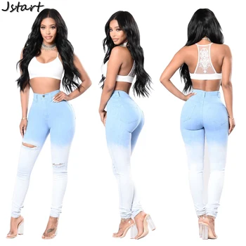

Women Sexy Jeans Blue White Gradient Color Denim Ripped Hole Autumn High Waist Casual Hot Party Pencil Pants S-XXL