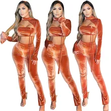

Velvet Tracksuit Women Two-piece Set Hollow Out Top + Bodycon Stacked Split Sweatpants Sports Jogger Pleated Casual 2 Piece Suit