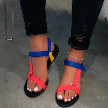 

2020 Women Ankle-Strap Sandals Summer Flats Shoes Open Toe Casual Shoes Beach Sandals Leopard Candy Color New Plus Size 35-43