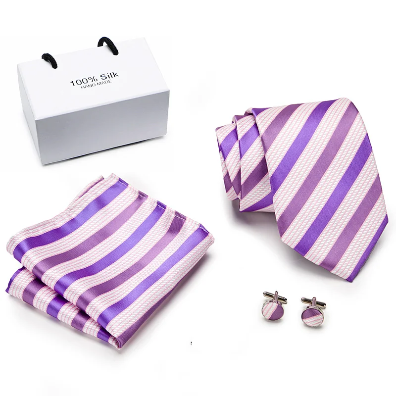 

Men Tie Silk Necktie Plaid Purple Ties for Men High Quality Hanky Cufflinks Set Men's Wedding Pocket Square Tie Set