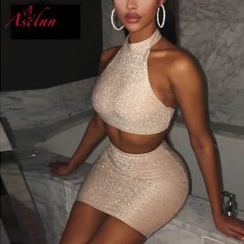 

Aselnn Women Sexy Sparkly Party Dress 2020 Summer 2 Piece Set Glitter Crop Top and Skirt Women Suits Two Pieces Set