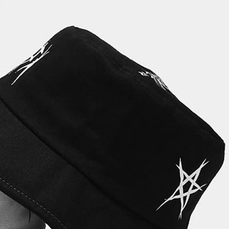 Unisex Black White Color Block Bucket Hat Star Eye Graffiti Print Fisherman Cap F3MF
