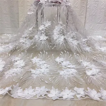 

French white African beads Lace Fabric Guipure Sequined 3D Flower Cord Tulle Nigerian Tissu Mesh India Lace for Wedding Dress