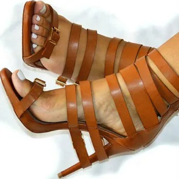 

Thin High Heels Party Dress Shoes Women Sexy Strip Sandalias Mujer 2020 Genuine Leather Brown Open Toe Gladiator Summer Sandals