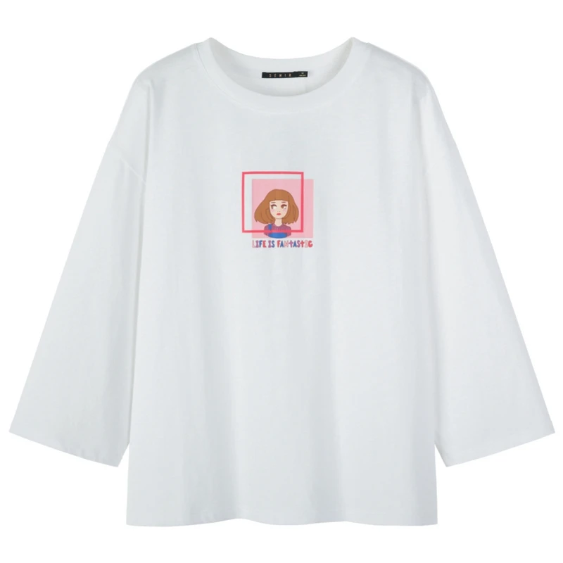 SEMIR, свободная женская футболка, осень, новая, с принтом, хлопок, для девушек, тонкая, семь точек, рукав, футболка, Повседневная - Цвет: white