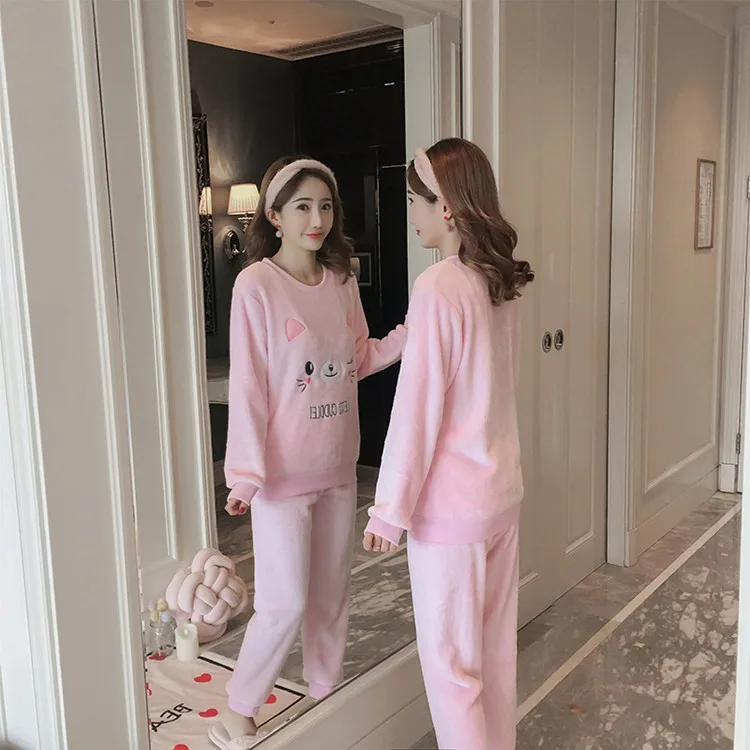 Women Pajama Sets Autumn Winter Pajamas Flannel Cartoon Thick Warm Women Sleepwear Cute Animal Female Homewear