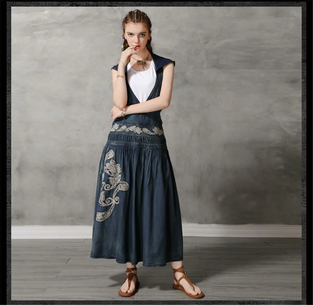 Vintage Hooded Women Dress 2019 Summer Denim Dresses Embroidery V-Neck Loose A-line Long Vestidos Femininas Woman Dress 82109 (11)