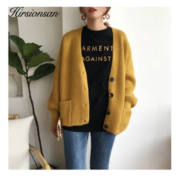 

Hirsionsan Cardigans Sweater Women Harajuku Basic V-Neck Knitted Big Pocket Button Soft Chic Tops Female Oversize Solid Clothes