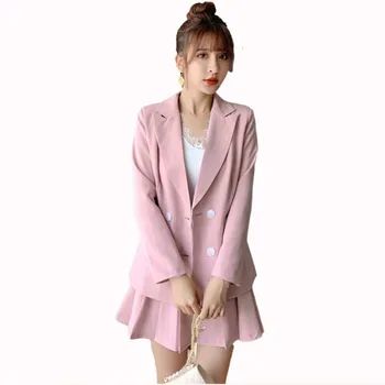 

New Autumn Women Two Piece Outfits Fashion Elegant Long Sleeve Double Breasted Pink Blazer Coat + High Waist Pleated Skirt Suits