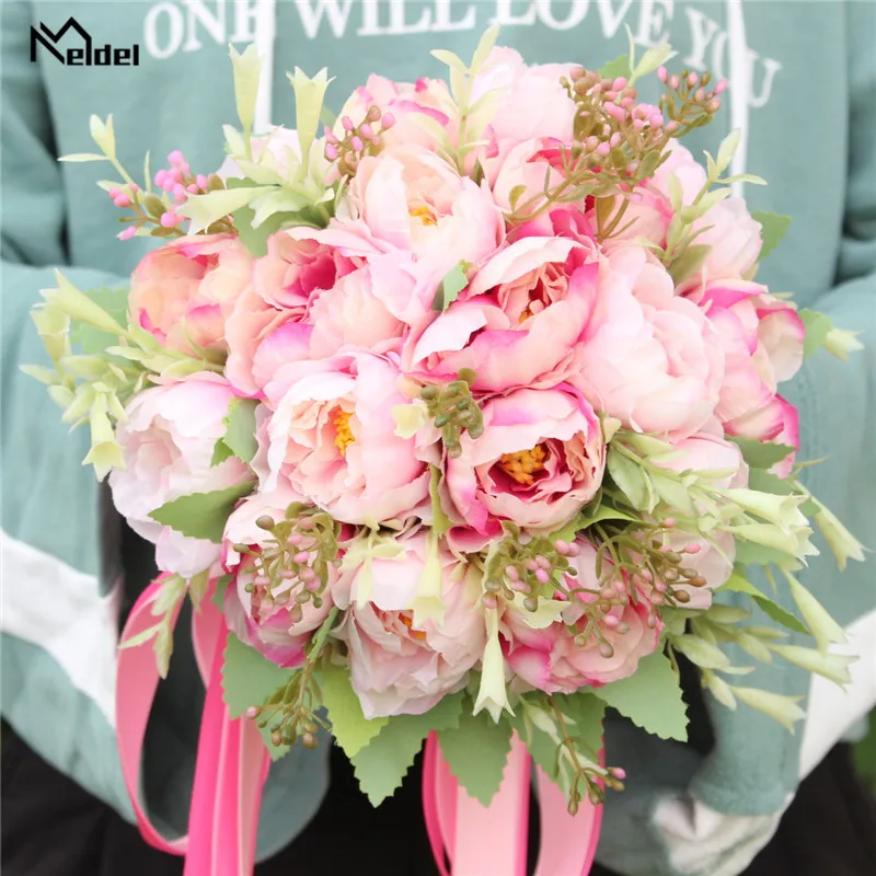 Meldel Bridal Wedding Bouquet Flower Bridesmaids Holder Artificial Silk Peony Pink Flower Bouquet Handmade Peony Wedding Decor