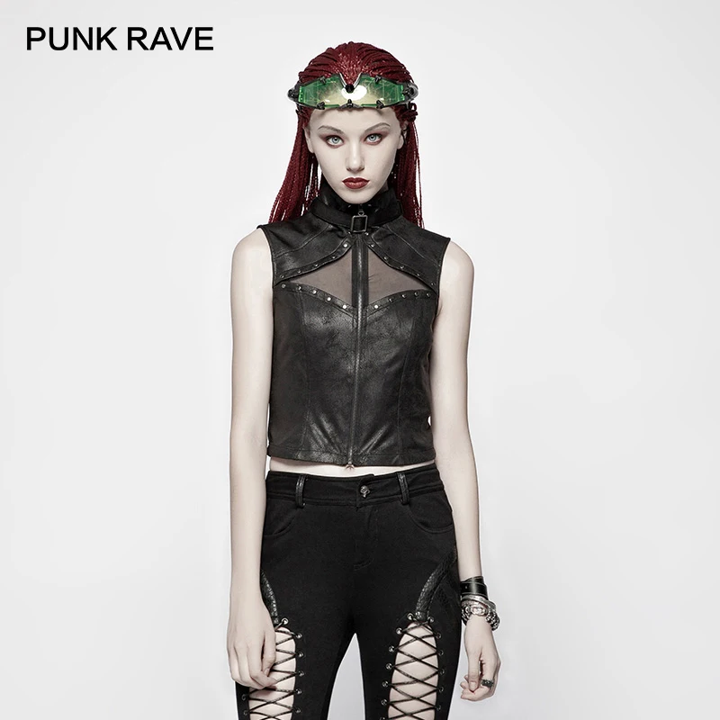 

PUNK RAVE New Design Punk Leather Short Tops Tee Gothic fashion Zipper and Rivets Sexy Vest Women Streetwear Sleeveless T-Shirt