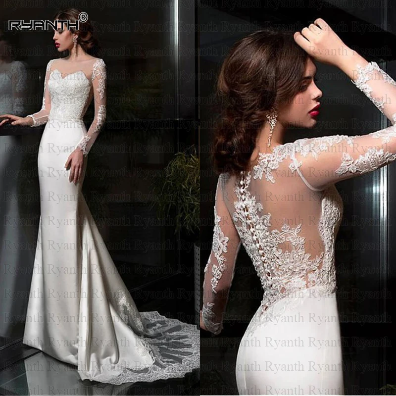 Vestido de noiva сексуальные длинные рукава кружева атласное свадебное платье на заказ пуговицы Длинные свадебные платья Robe de soiree