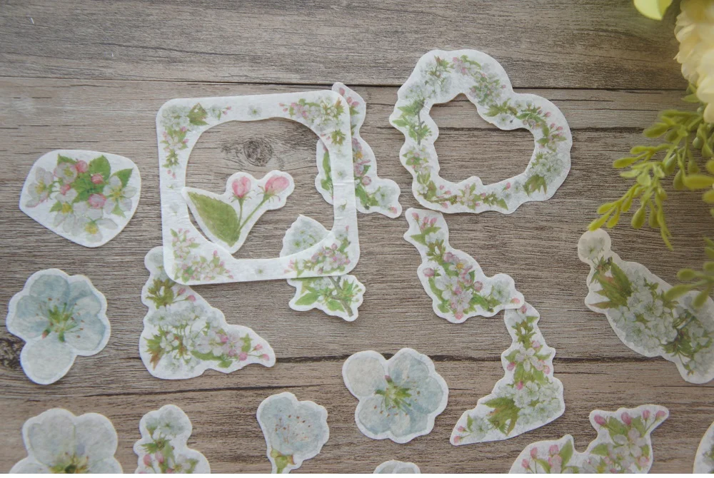 58pcs Pink White Flower Green Leaves Frame Style Washi Sticker Scrapbooking DIY Gift Decoration Tag