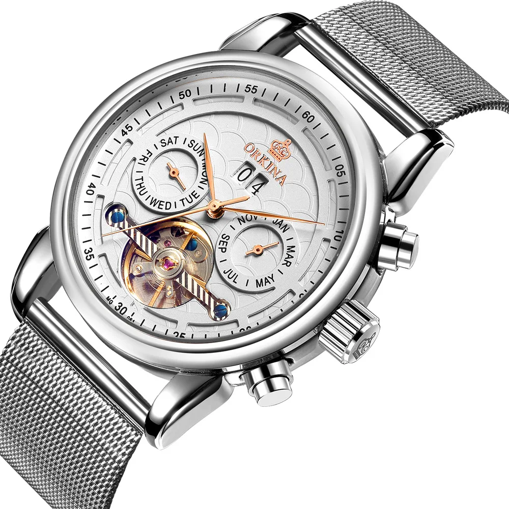 Мужские полые часы Tourbillon автоматические механические часы Календарь многофункциональный ремень мужские часы