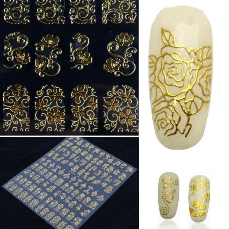 108 шт./лот, Золотые Бронзовые 3D наклейки на ногти цветок, металлическая паста, украшения для дизайна ногтей, маникюрные наклейки на ногти, DIY