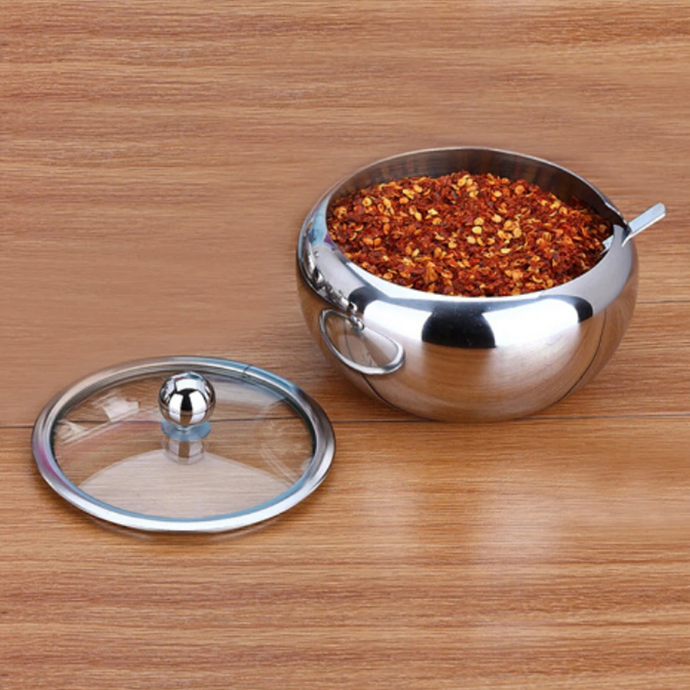 Seasoning Tank + Spoon /Set Household Thicker Stainless Steel tank Coffee Jam Lid Salt Spoon Bowl Sugar Box Kitchen Cooking Tool