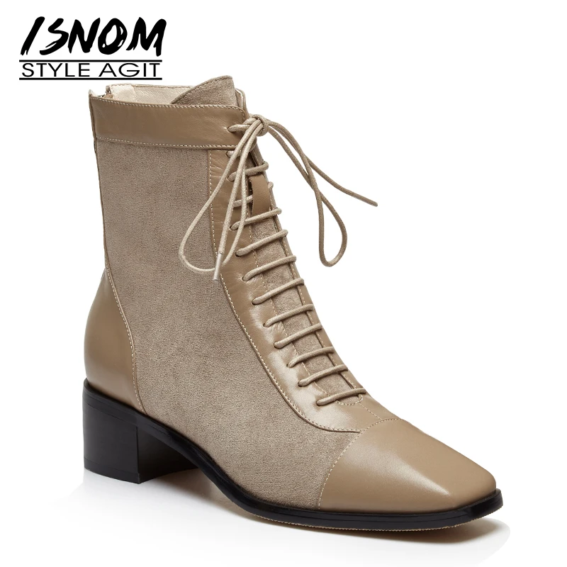 ISNOM Motorcycle Ankle Boots Women High Heels Booties Cow Leather Shoes Female Fashion Square