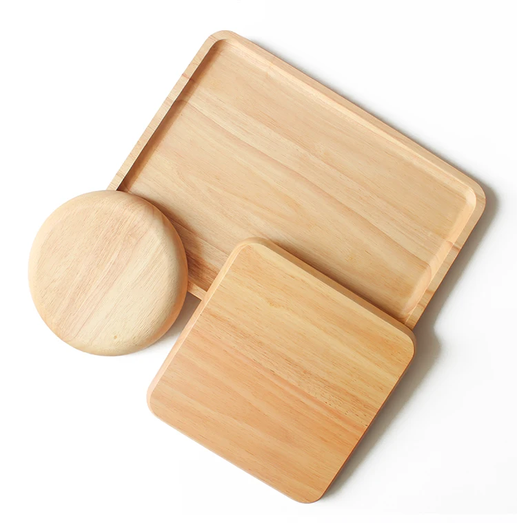 Rubber Wood Round Japanese Dinner Plate Rectangle Serving Tray Beef Steak Fruit Snack Tray Restaurant Food Cutlery Storage Plate