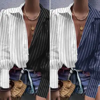 

ZANZEA 2020 Work Chic Shirts Women Tops Blouses Patchwork Striped Lantern Sleeve Tunic Tops Blusas Femininas Chemiser Mujer 5XL