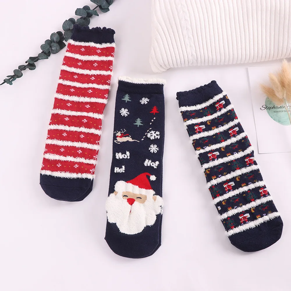 Женские носки, 3 пары, рождественские женские хлопковые носки, разноцветные женские зимние носки, новые стильные короткие хлопковые носки
