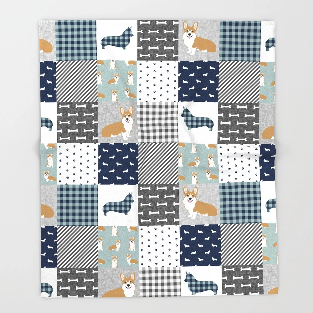 

Corgi Patchwork Print Navy Dog Buffalo Plaid Mens Corgi Dog Throw Blanket Bedspread Moon Design Soft Fleece Throw Blanket