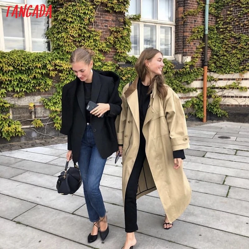 Tangada women solid long trench coat elegant oversized 2019 buttons long sleeve office ladies work wear loose outwear SP13