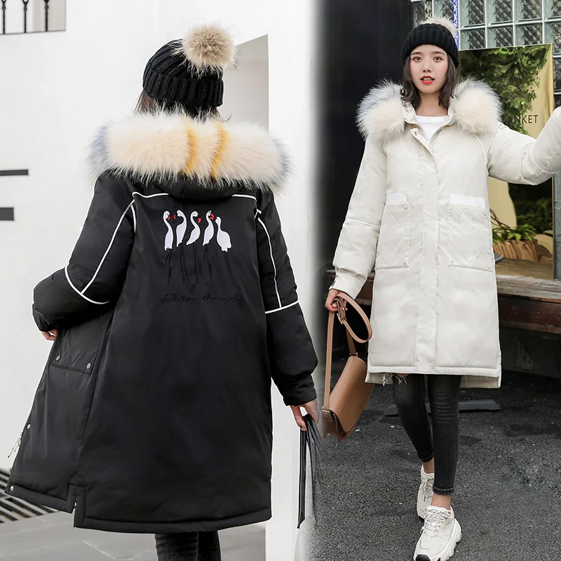 

Cotton Coat Women's Mid-length Korean-style Loose-Fit down Feather Cotton-padded Clothes 2019 New Style Large Fur Collar Thick C