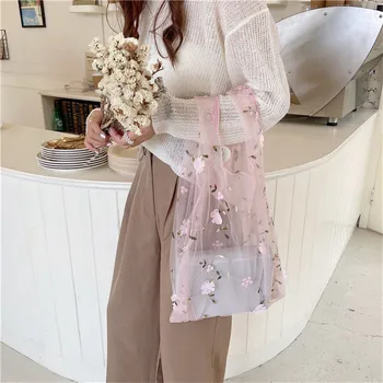 

3D Embroidered Portable Shopping Bag Translucent Small Mesh Bag Reusable Foldable Eco Grocery Totes Women Clear Storage Handbag