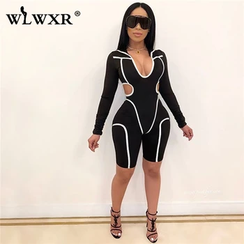 

WLWXR Stripe Sexy Club Romper Short Jumpsuit Women Playsuit Hollow Out Streetwear Long Sleeve Summer Black Ladies Jumpsuit Women