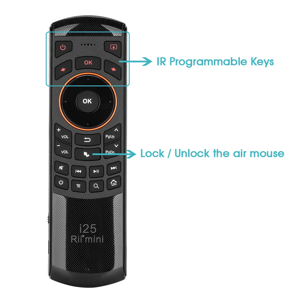 Rii Mini i25 HE/RU/US/AR/FR 스마트 TV 용 프로그래밍 가능한 키가있는 무선 키보드 에어 마우스 원격 제어 안드로이드 TV Box Fire TV