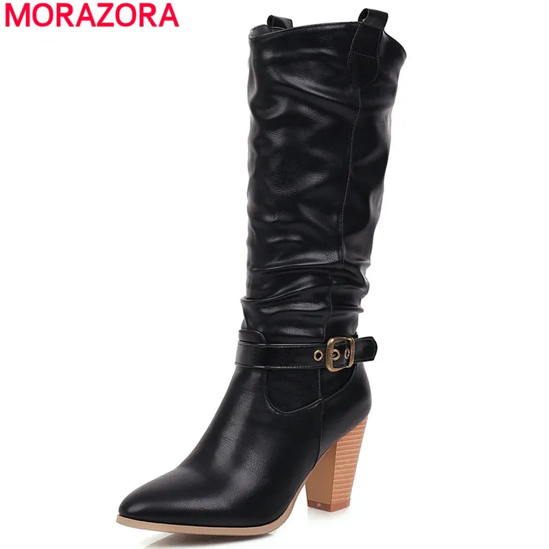 

MORAZORA 2020 hot sale fashion soft leather mid calf boots thick high heels pointed toe buckle winter shoes 3 color women boots