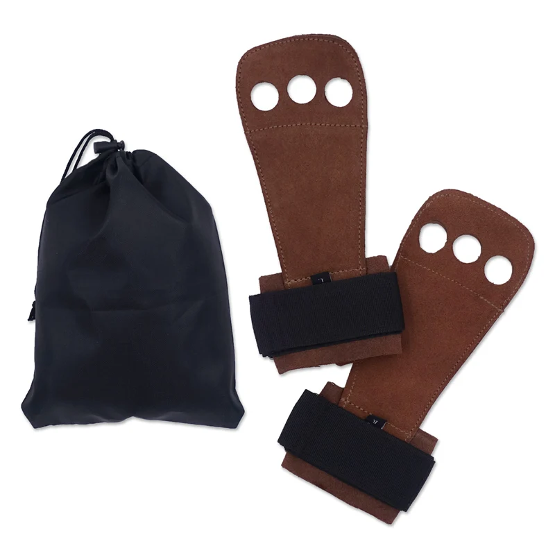 Двойные слои корова кожаные спортивные перчатки 3 отверстия ручной кистевые ремни для подтянуть Вес подъема Гиря для Кроссфит Training обхватывает запястье - Цвет: Темный хаки