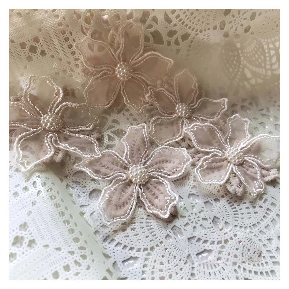 

Pearl Flower Appliques 10pcs Beads Beige Brown Organza Embroidery Floral Patches for Dress Clothes 6.5cm 2.6" Wide L14F11