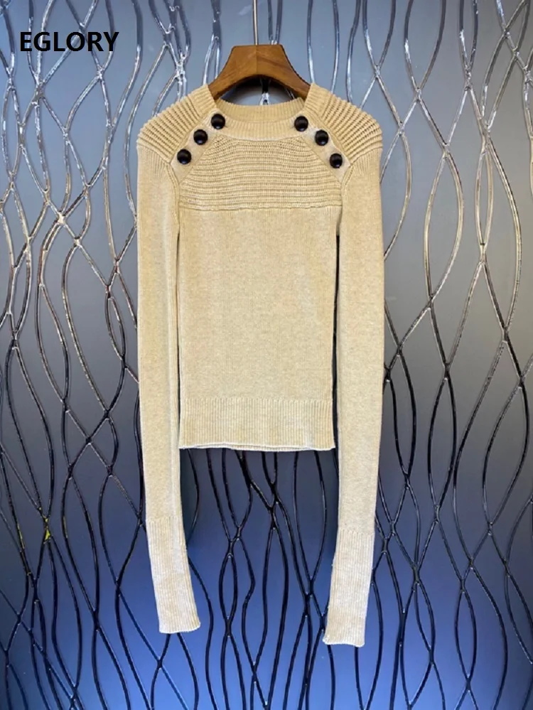 

2020 Autumn Winter Fashion Style Sweaters Ladies Button Shoulders Long Sleeve Apricot Black Knitted Pullovers Casual Basic Tops
