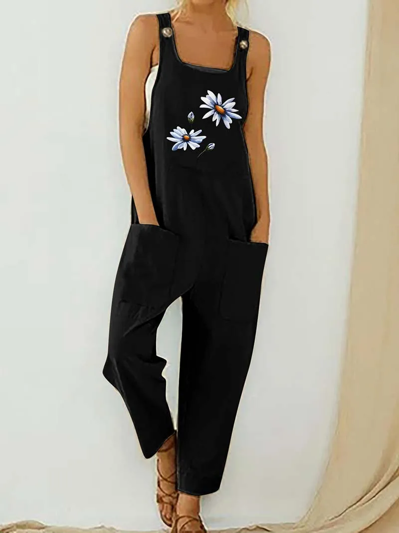 Womens Dungarees Print Rompers 2021 Summer New Ladies Casual Loose Linen Cotton Jumpsuit Sleeveless Pocket Overalls Playsuit