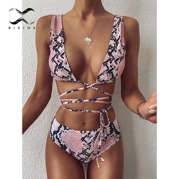 

Snakeskin women's swimsuit Female biquine Printed sexy bikini set Lace up swimwear Bandeau bikini 2020 Deep v neck bathing suit