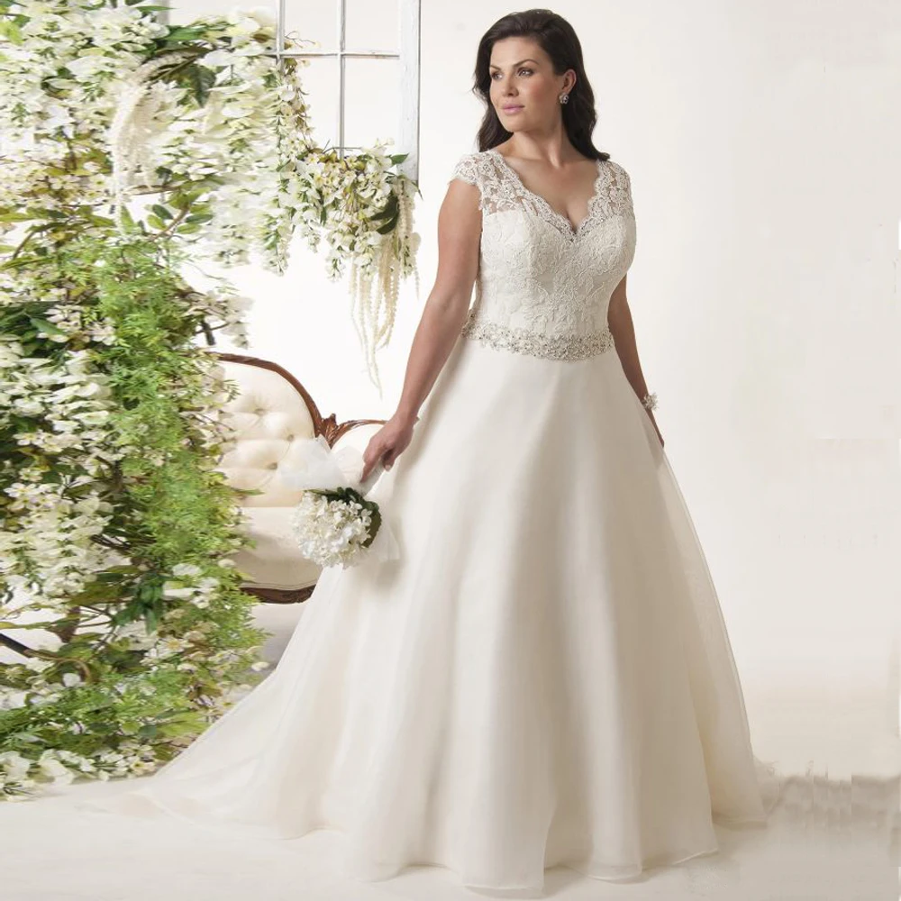 Ball-Gown Wedding-Dress Sleeve Robe-De-Mariee V-Neck Organza Plus-Size Jiayigong Sashes