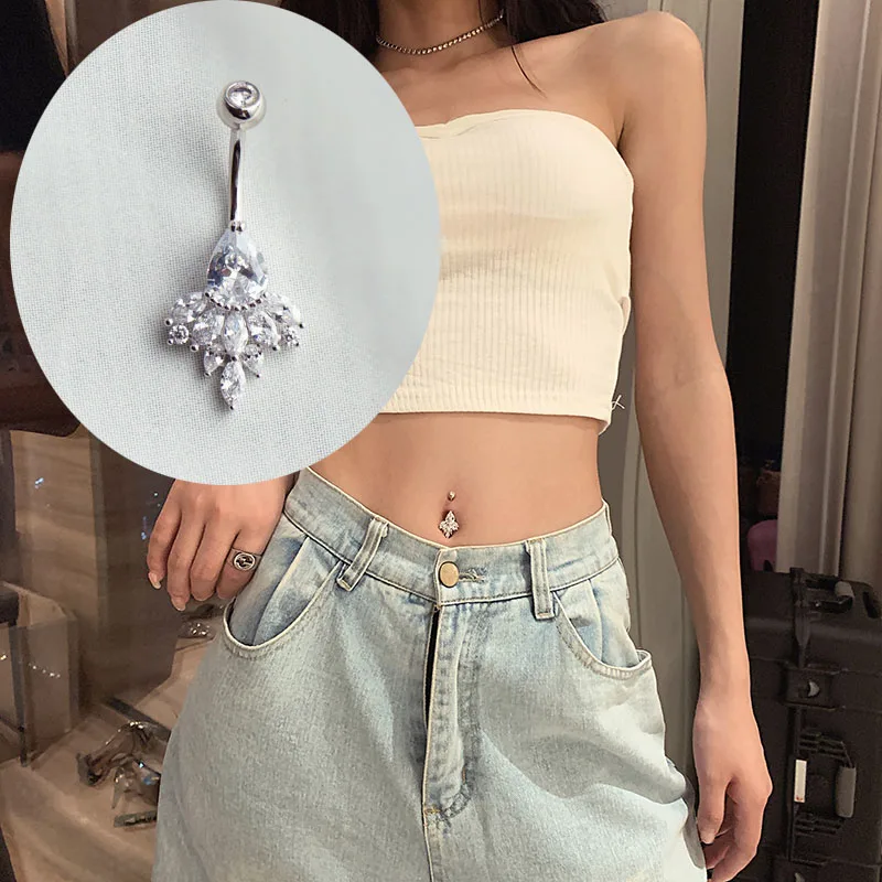 

925 Sterling Silver Zircon Angel Tears Navel Piercing Body Jewelry Belly Button Rings Jewelry For Women Dancing Accessories Gift