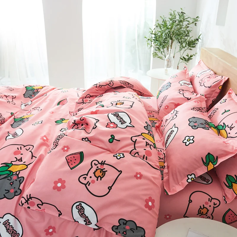 4pcs Cute Cartoon Flower Bedding Set Polyester Home Textile Garden Bed Sheet Quilt Cover Pillow Case Boy Girl Bedding